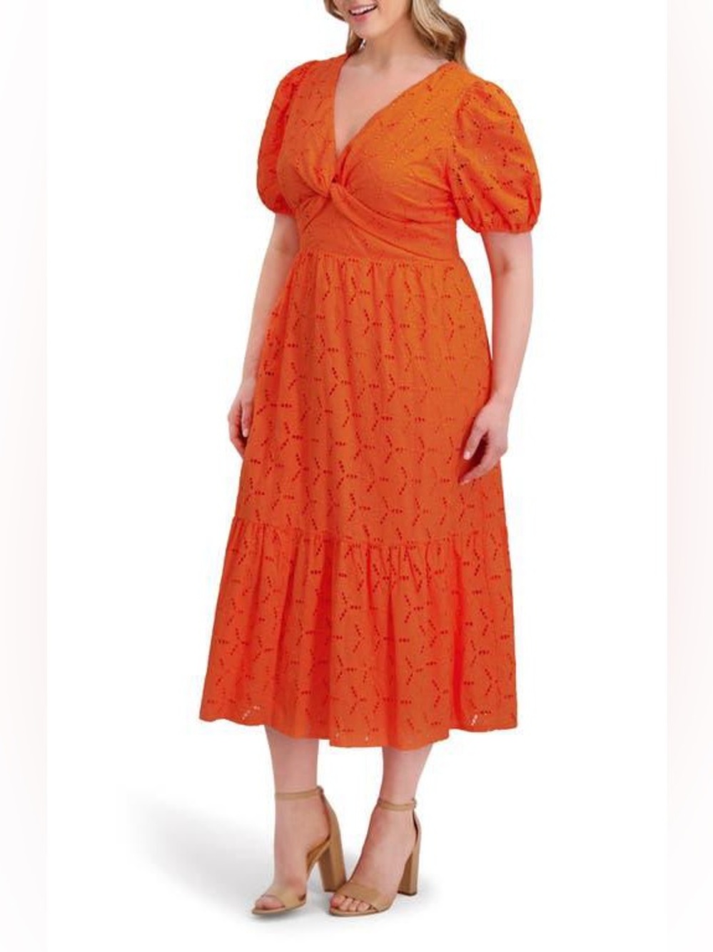 Kensie Orange Cotton Eyelet Puff-Sleeve Midi Dress